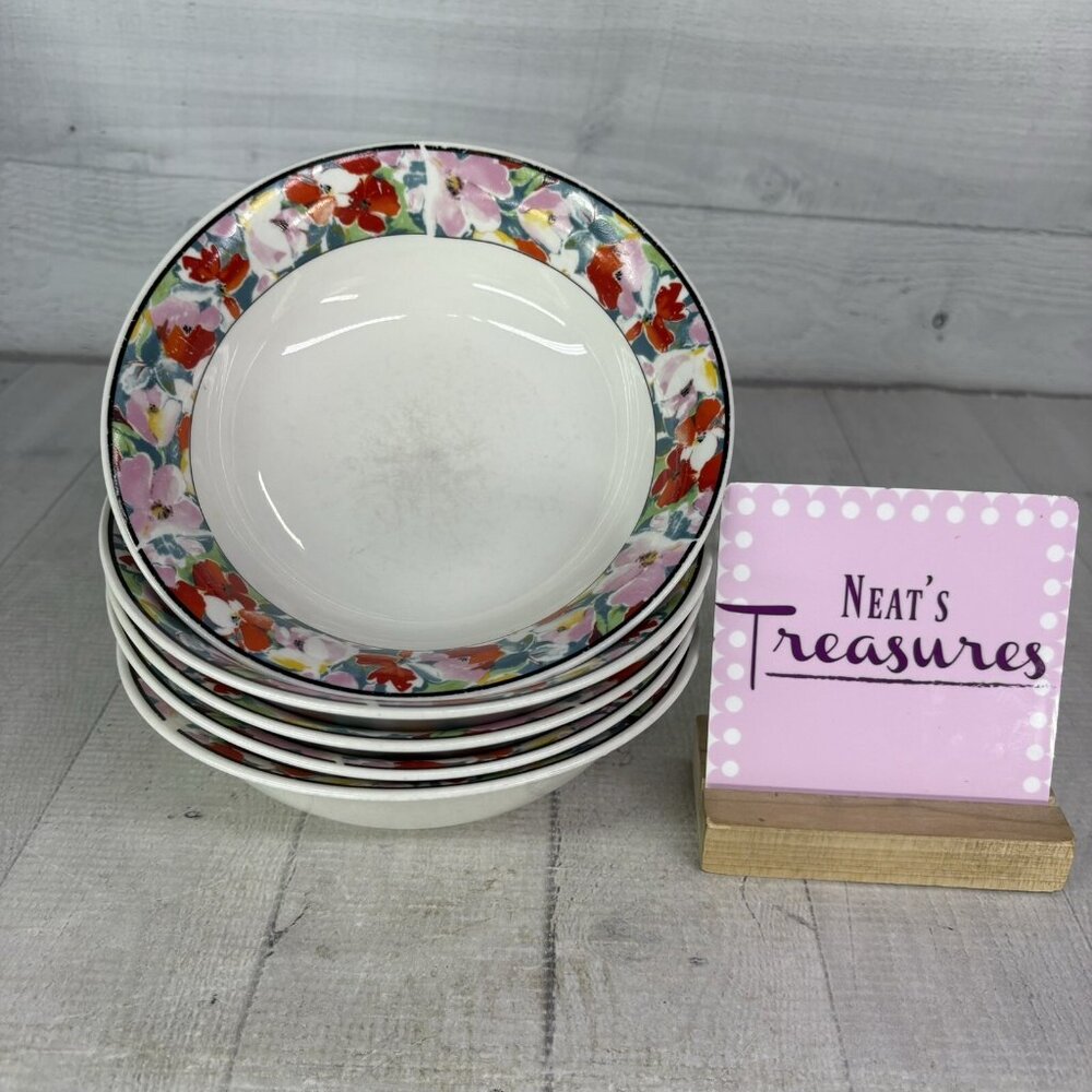 China Pearl DAISY Red Pink Blue Yellow Floral Fine China Soup Cereal Bowls Set 5